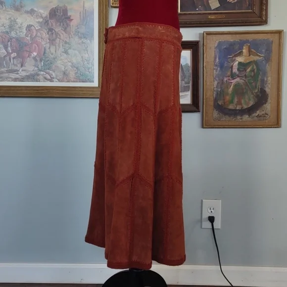 Suede Leather Patchwork Skirt Midi